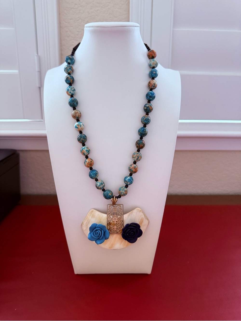 Handmade Blue Multicolor Beaded Asian Inspired Necklace with Floral Pendant